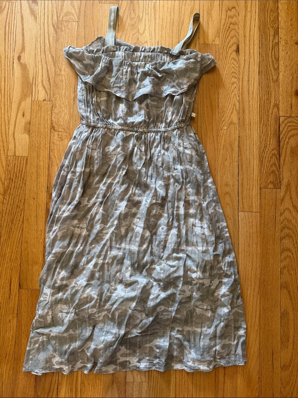 Ikks 10 Day Dress Olive Lightweight Gray Camouflage Ruffle Midi Dress great cond